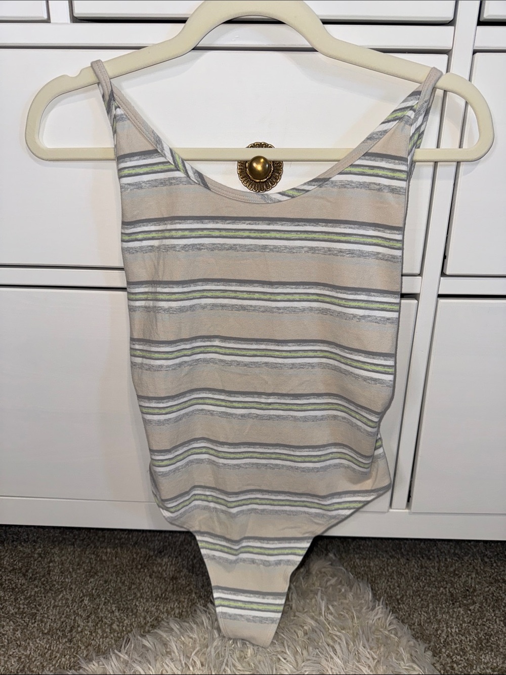 NWOT - TNA Striped Openback Bodysuit in Beige, Gray & Green